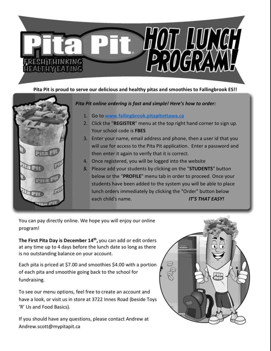 Just a reminder that this is the last week for Pita Pit! If you want to order a special treat for your child(ren), this will be a great one to do so! Please follow the instruction on the attached picture. Order today before 9pm!

Enjoy the rest of your weekend!