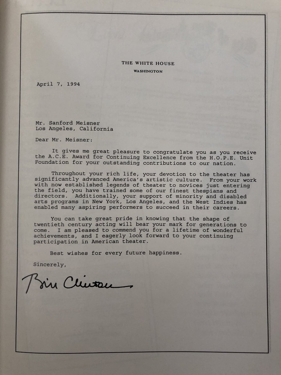 MeisnerActor's tweet photo. #Actor #Meisner Program pages from Sandy's "Lifetime Acheivement" gala in 1994 hosted by #GregoryPeck #SydneyPollack and #GordonDavidson. Congratulatory letters from #BillClinton, gov #PeteWilson, and mayor #RichardRiordan. See the full program at https://t.co/coLwwxjStw https://t.co/MpMe0ShJOy