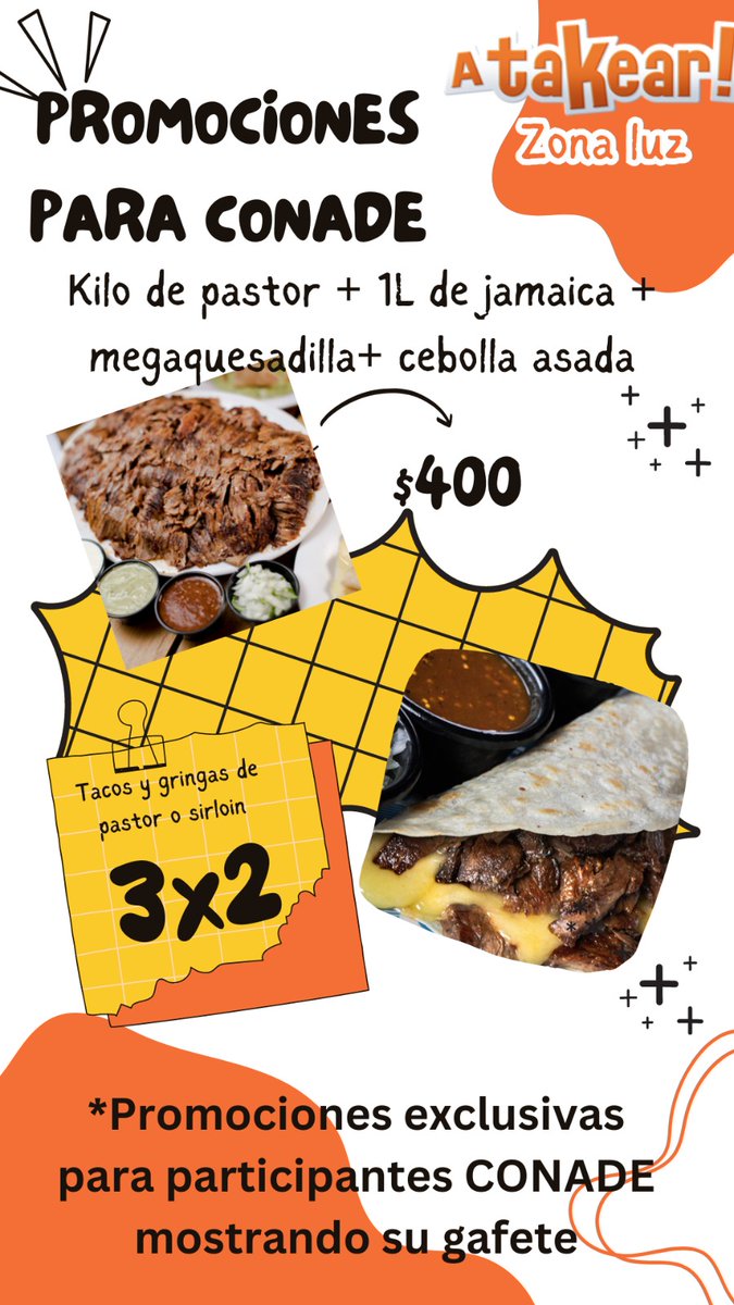 Turismo_Tabasco's tweet photo. 😋¿Unos taquitos al pastor?🌮🌮
Si eres participante de los Juegos Nacionales @CONADE 2023 en #Tabasco, disfruta de esta interesante promoción que nuestros amigos #ATakear Zona Luz te ofrecen.
#2023AñoDelDeporteTabasco #NacionalesConade2023
#TabascoMemorable https://t.co/wLTkoEu1o8