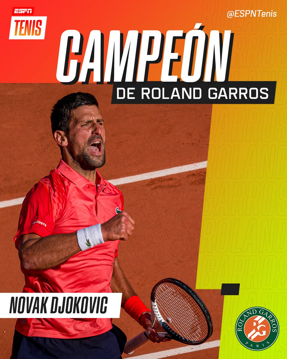 ESPNtenis's tweet image. EL DUEÑO DE LA HISTORIA. 2️⃣3️⃣👑

🇷🇸 Novak Djokovic agigantó su nombre en #RolandGarros: victoria 7-6 (1), 6-3 y 7-5 vs. Casper Ruud para consagrarse campeón de su Grand Slam N°23 y convertirse en el hombre con más Majors. 🏆

¡Ríndanse a los pies del nuevo N°1 del mundo! 1️⃣🙌