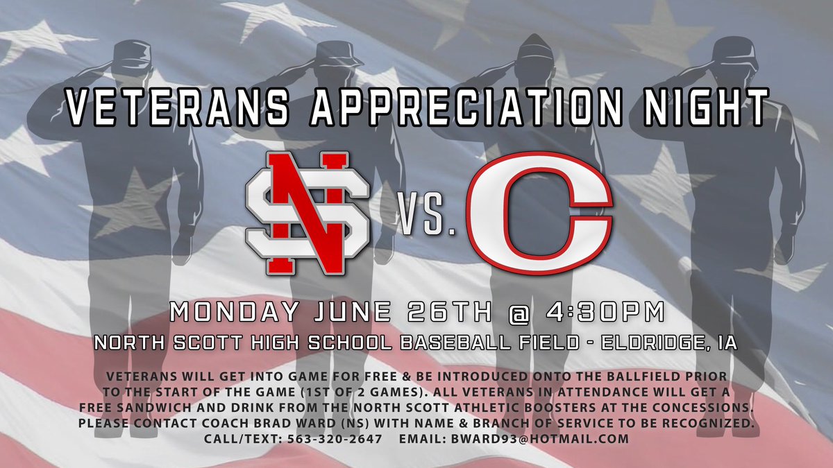 Veterans Appreciation Night Monday June 26th 4:30 prior to Game 1 with <a href="/Clinton_RKings/">Clinton River Kings</a> Please RSVP prior to the game to be recognized on the field!  All Veterans will also get a free sandwich and drink courtesy of <a href="/nsaboosters1/">North Scott Athletic Boosters</a> #Veterans