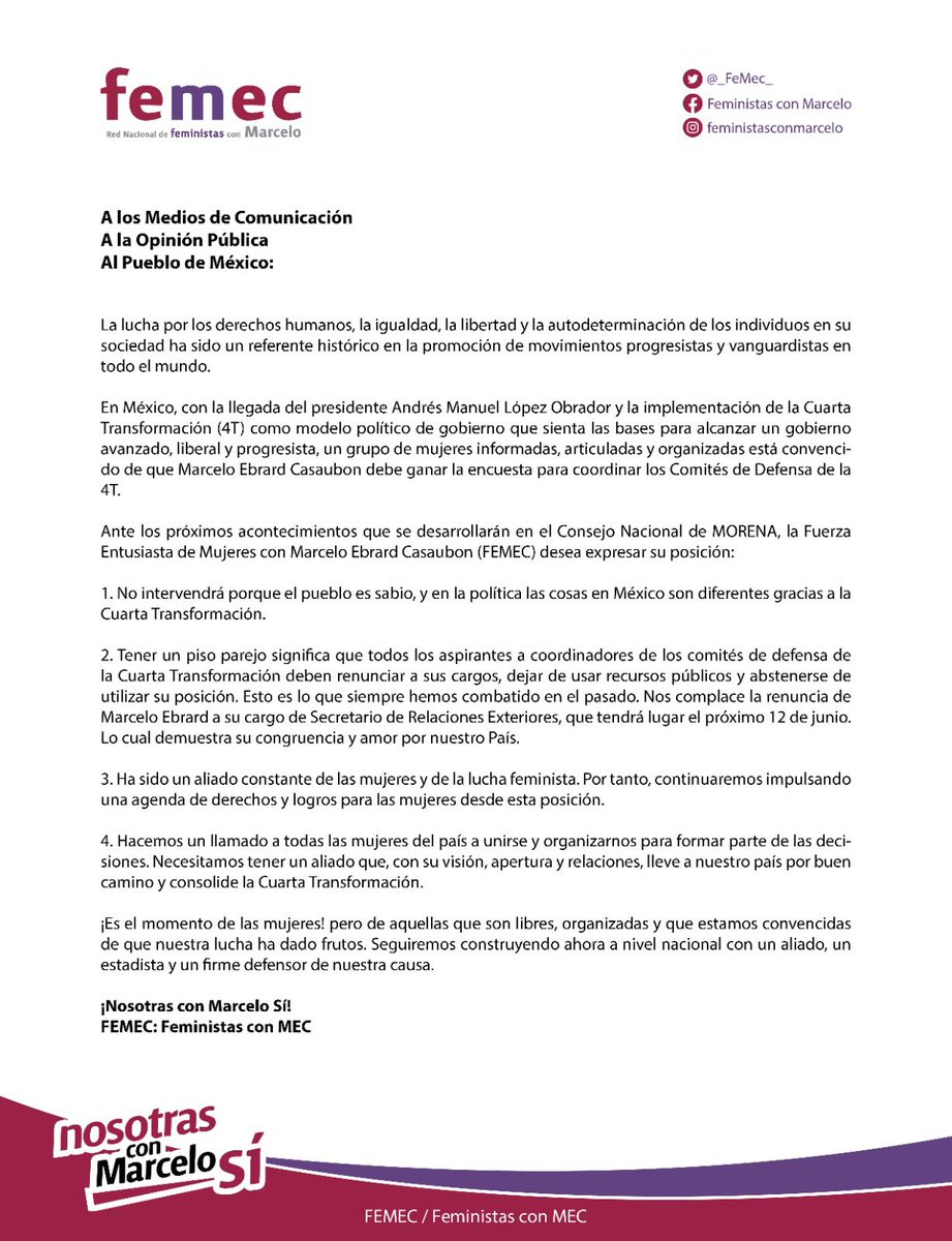 Posicionamiento de #FeministasConMarcelo  @_FeMec_, al cual pertenezco, frente a los sucesos de este fin de semana con nuestro aliado #MarceloEbrard 

⏱️ Es tiempo de alguien que gobierne con genuino interés por las mujeres y una agenda feminista.