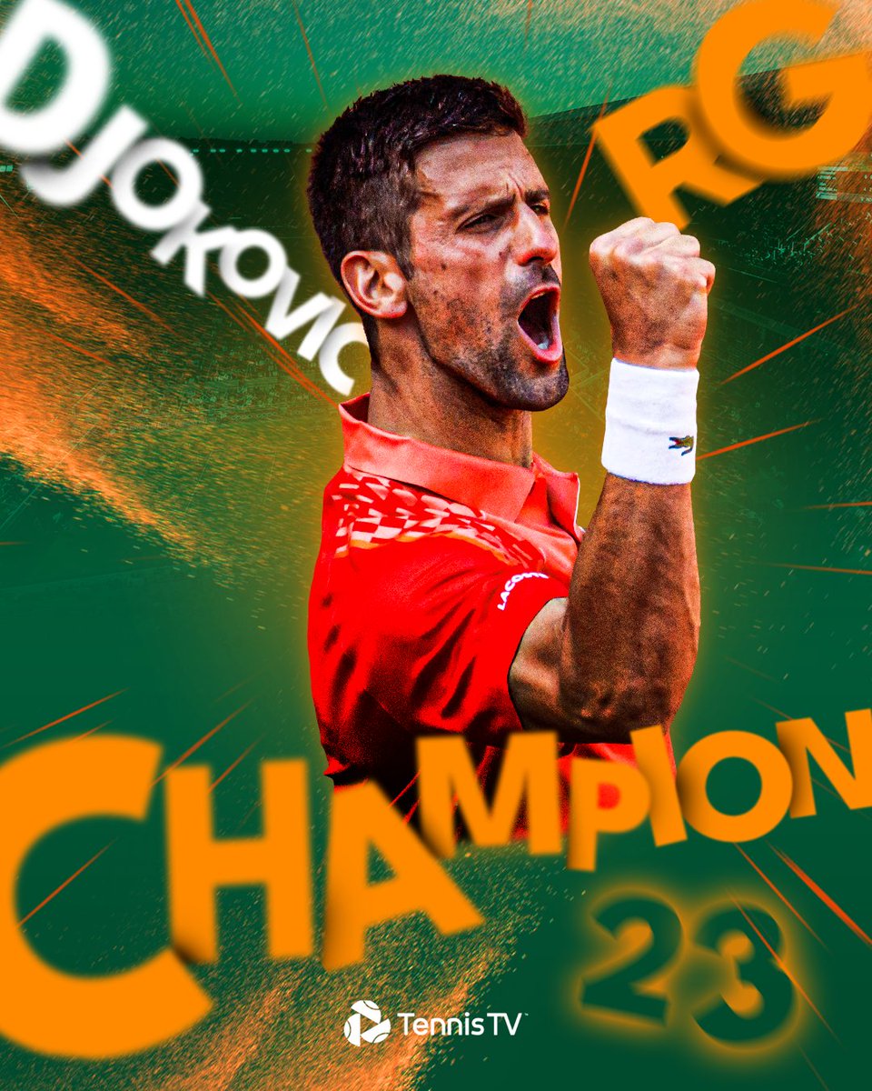 TennisTV's tweet photo. 23 IN 2023!!!

@DjokerNole defeats Ruud 7-6 6-3 7-5 to win a record 23rd Grand Slam title 🏆 ✨

#RolandGarros https://t.co/QX7SAD5Z2Z