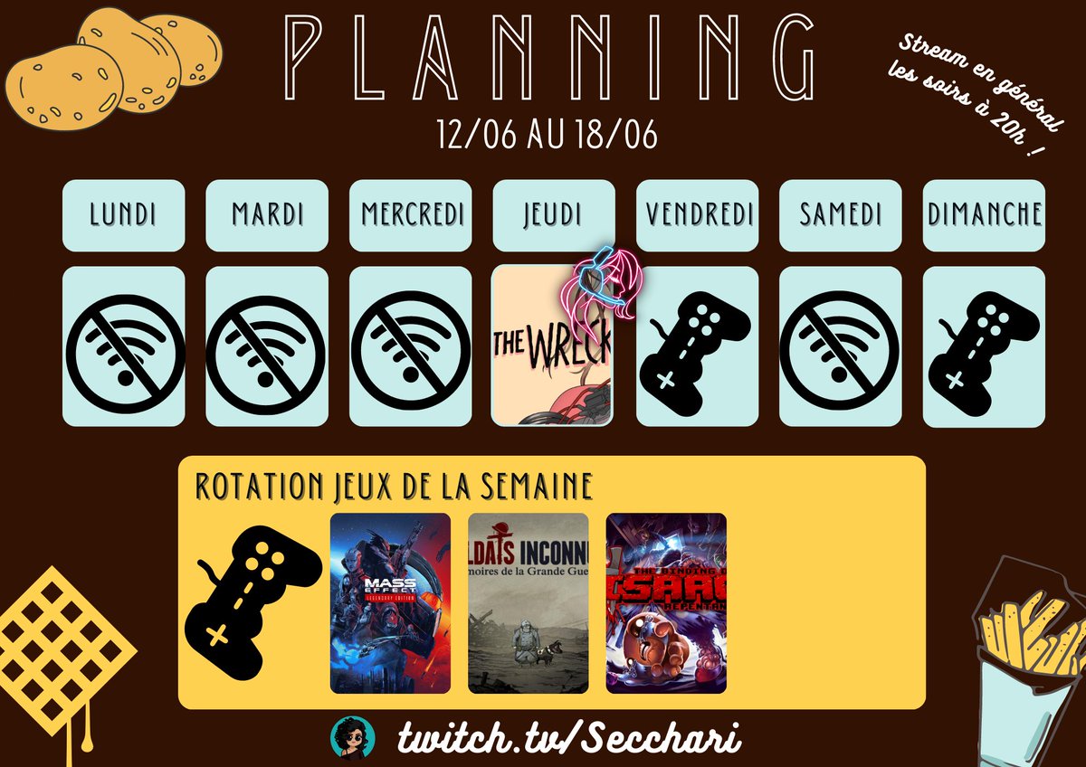 #planningTwitch here we goooooo, petite semaine :)

- Jeu : Découverte @IndieNightFever sur #thewreck  !

Rota : 

- Suite de #masseffect2
- On termine #soldatsinconnus ?!
- #ISAAC 

#twitchfr #indiegames #petitstreamer