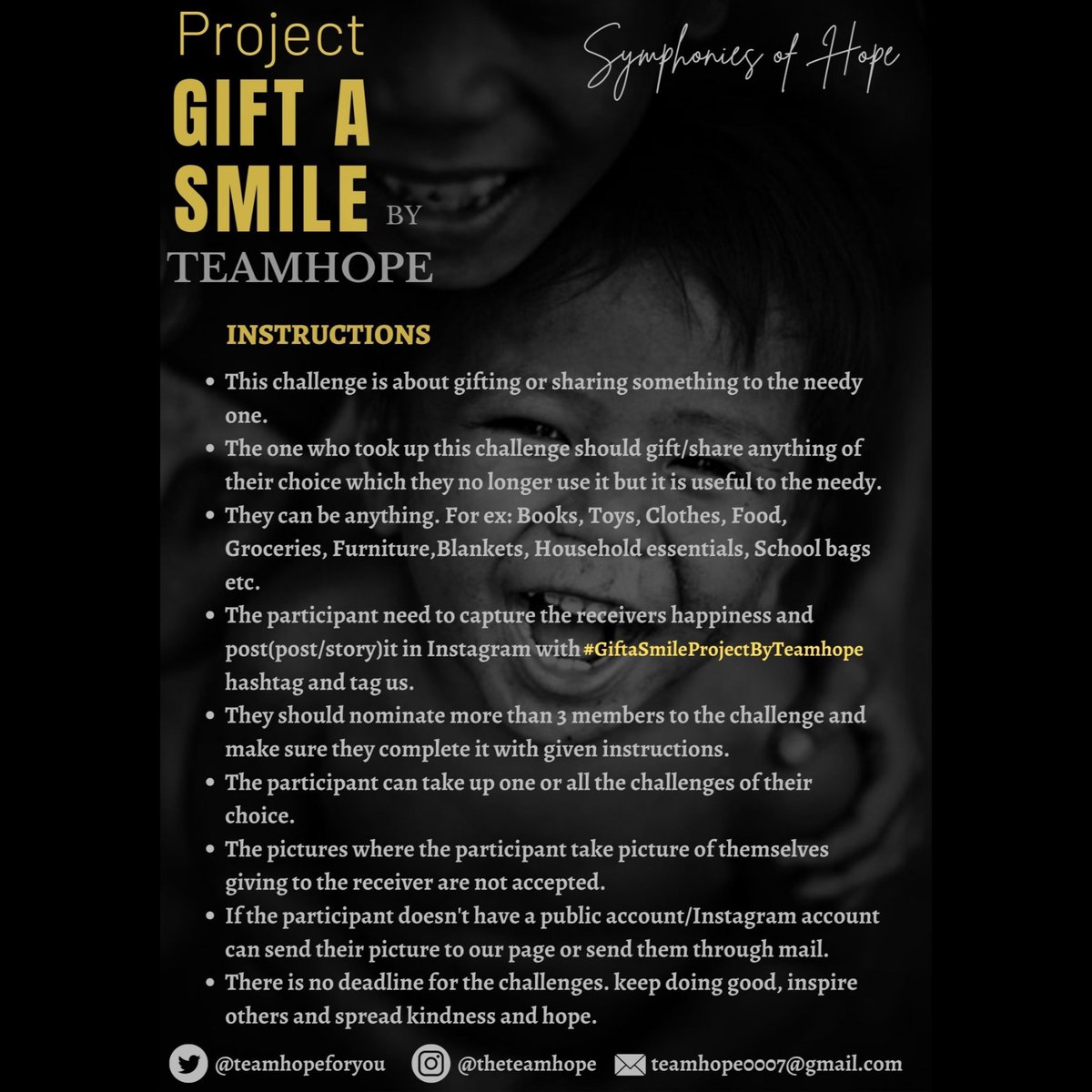 teamhopeforyou's tweet photo. Project GIFT A SMILE challenge by Teamhope. 

#teamhope #teamhopeforyou #projectGiftaSmileByTeamhope
#challenges https://t.co/fe3N527xYM