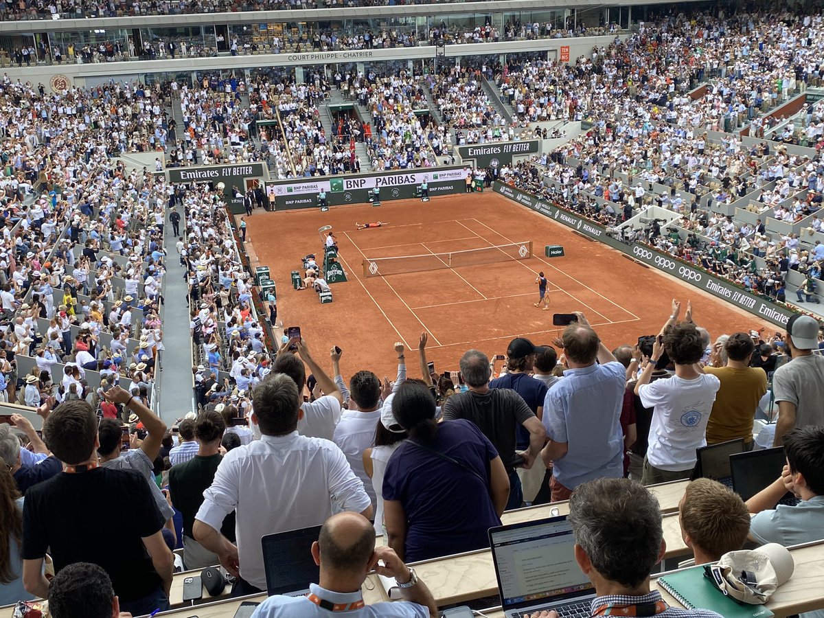 History made. Novak Djokovic wins a men’s record 23rd Grand Slam at #RolandGarros and immediately falls flat on his back in the clay. Incredible emotion, incredible scenes.