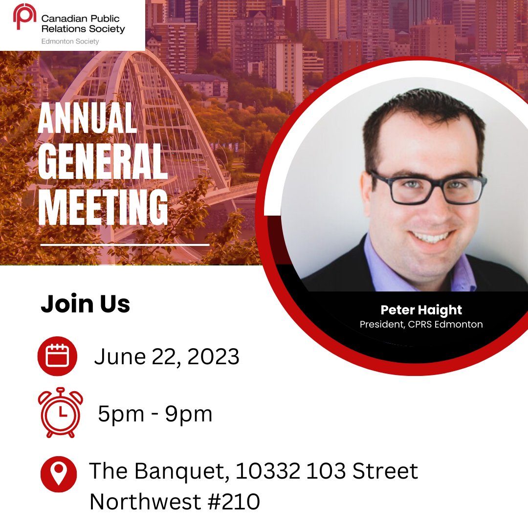 #CPRS Edmonton's Annual General Meeting is 2 weeks away! Simultaneously, we will also kick off our Summer Mixer. This will be an informative, fun evening enjoying good food and drinks with CPRS friends and colleagues.

For more information, please visit: eventbrite.ca/e/cprs-edmonto…