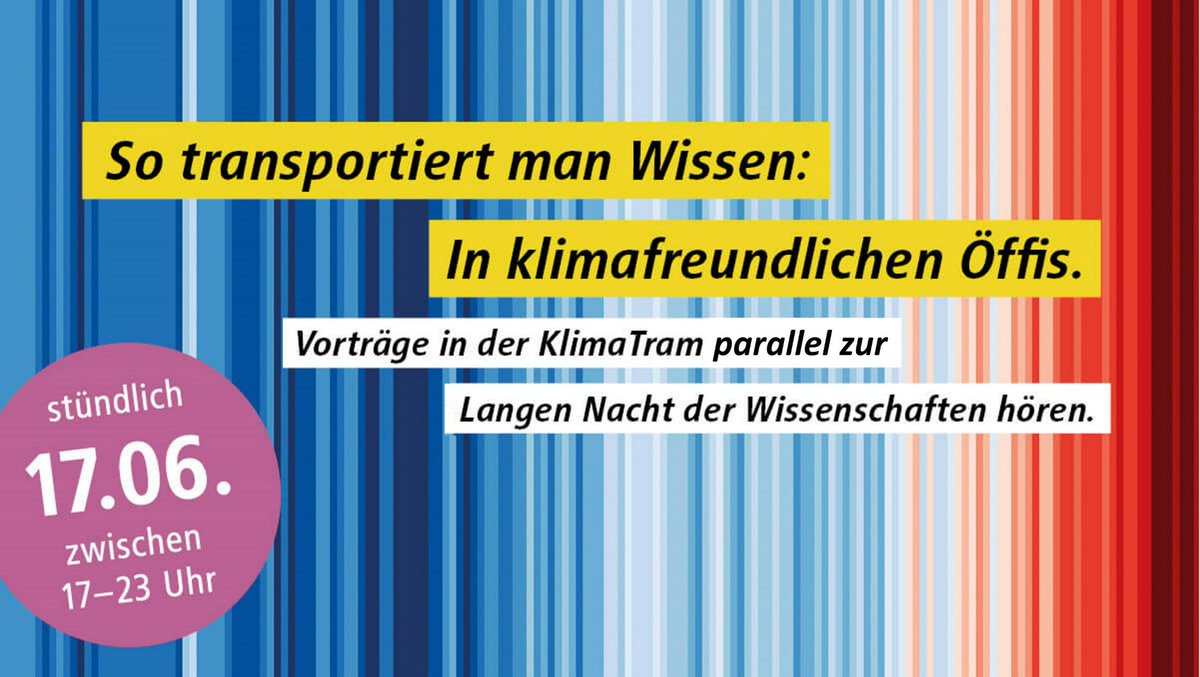 ❌Nicht verpassen❌

Vortragsreihe in der #KlimaTram parallel zur Langen Nacht der Wissenschaften!

Am Samstag, dem 17.06.2023, startet die KlimaTram stündlich vom Naturkundemuseum zwischen 17 bis 23 Uhr!

Eintritt frei

Mehr Infos unter klimatram.berlin/sonderfahrten/

#LNDW