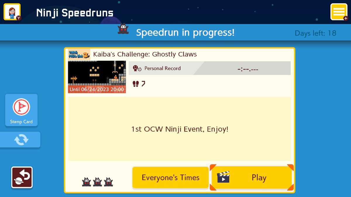 OpenCW's tweet photo. Our first ninji is live!

Shoutouts to @Setokaiba_SMM2 for making the level, and Kramer and @tgr_code for setting up the API to host this event!

Go go go 🏃🏃🏃🏃🏃 https://t.co/q6425ZiMpP