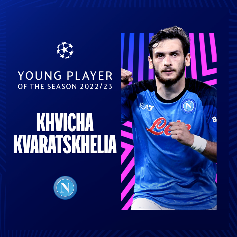 ChampionsLeague's tweet photo. 🔵🇬🇪 @sscnapoli star Khvicha Kvaratskhelia is the 2022/23 #UCL Young Player of the Season! 👏

#UCLfinal