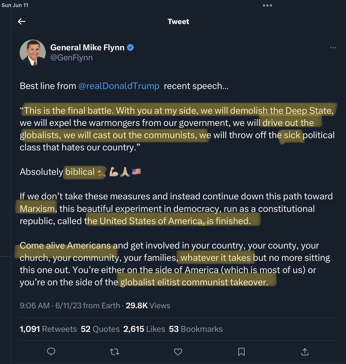 jimstewartson's tweet photo. Now that he appears to be a target of Jack Smith, Mike Flynn is rallying his christofascist digital soldiers to arms, urging them to buy his how-to psyops manual with a chapter called “HOW TO MAKE PEOPLE KILL PEOPLE.”

This is extremely dangerous rhetoric.
@FBIMiamiFL @FBIWFO https://t.co/D1sl2fWyQE