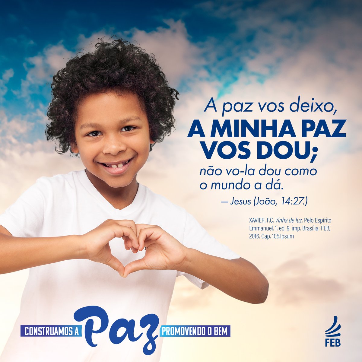 'A paz vos deixo, A MINHA PAZ VOS DOU; não vo-la dou como o mundo a dá.'
— Jesus (João, 14:27.)

A frase-chave de hoje veio das palavras do Cristo: a minha paz vos dou. Como você contribui para a paz no seu dia a dia?

Venha conosco!
#Paz #ConstruamosAPaz #PromovendoOBem