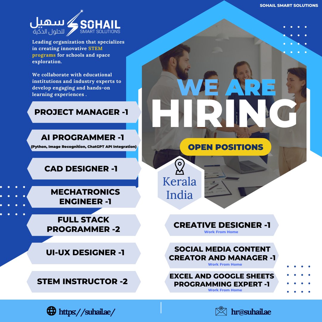 SohailSolutions's tweet image. #Hiring!   Join Sohail Smart Solutions, a leading organization specializing in innovative STEM programs for schools and space exploration. 
📍 Job Location: Kerala, India

To apply, mention the Job Title in the Email Subject: hr@suhail.ae

 #STEMPrograms #JoinUs #JobOpportunity