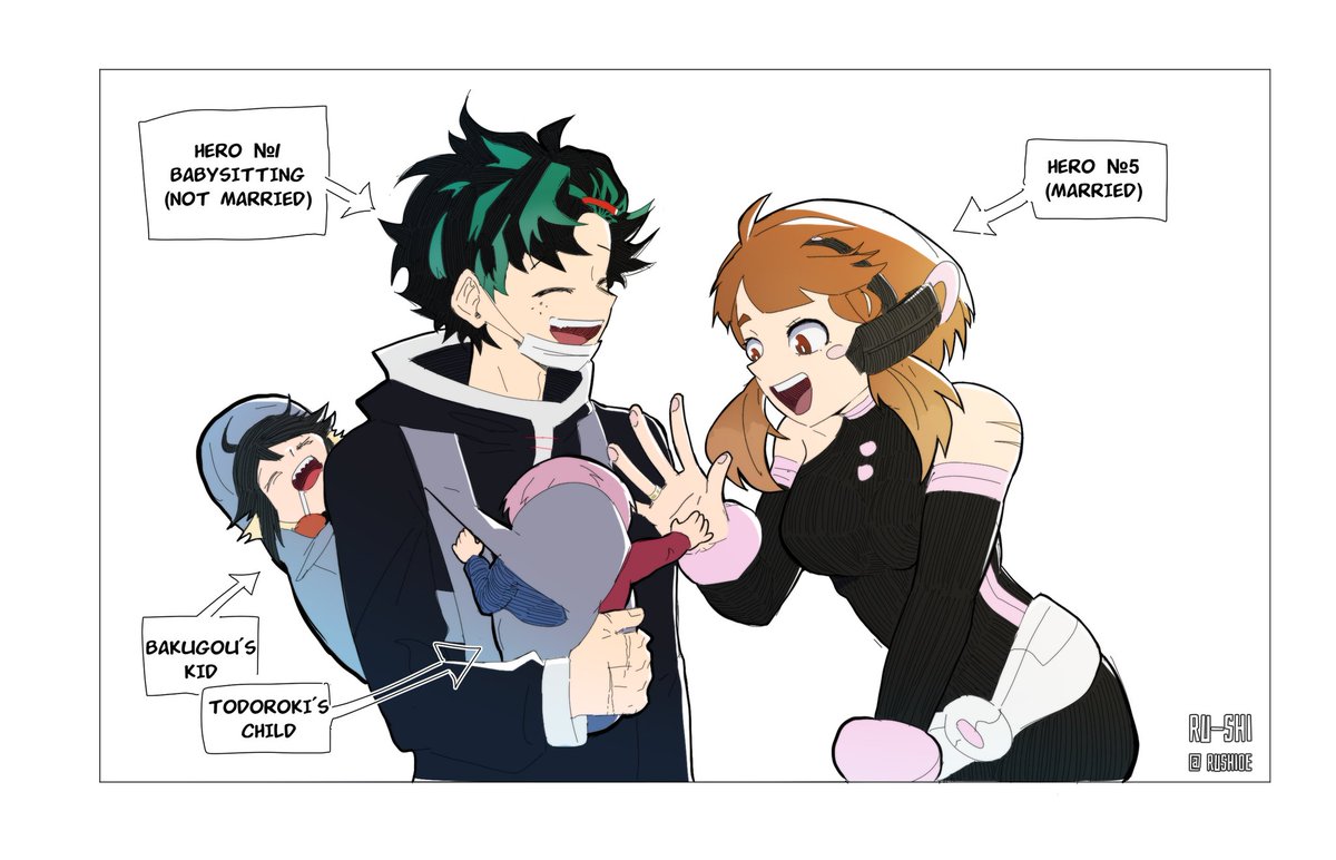 Deku is №1 hero and a great guardian of Todoroki's and Bakugou's kids. Katsuki focuses on raising the child (still not best father), loses skills in heroic activity, Shoto is always at work, forgets about his child can't achieve goal (to find Dabi)
#deku #uraraka #bakugou