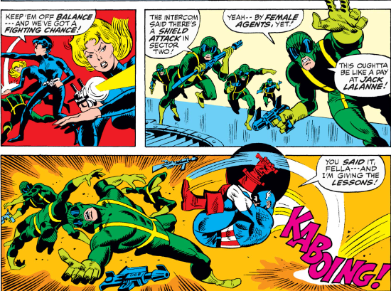 MarvelADay's tweet photo. #MarvelADay #Cap146 The Force keeps half of the henchmen busy while our hero uses a Hanna-Barbera sound effect against the other half. Jack LaLanne, btw, was the USA's fitness guru for most of the 20th century. - crs https://t.co/x0abVhG1kr