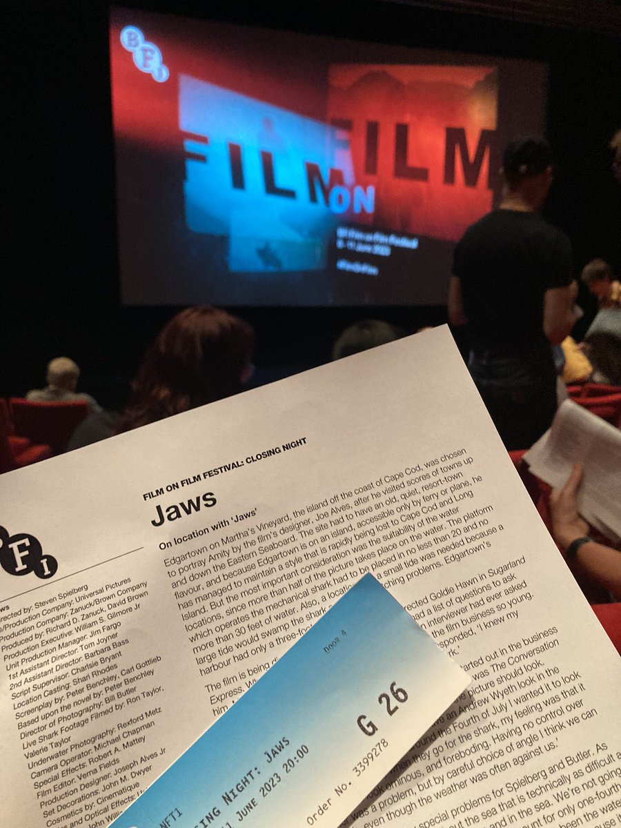 Epic end to an epic #FilmOnFilm festival - Jaws on full screen - from the archives of the @BFI - every film I have seen this weekend had been joyous!Apols to the chap sat next to me - I was caught by every jump scare!!🥴😭😂 thanks to everyone for helping make this happen 👏👏