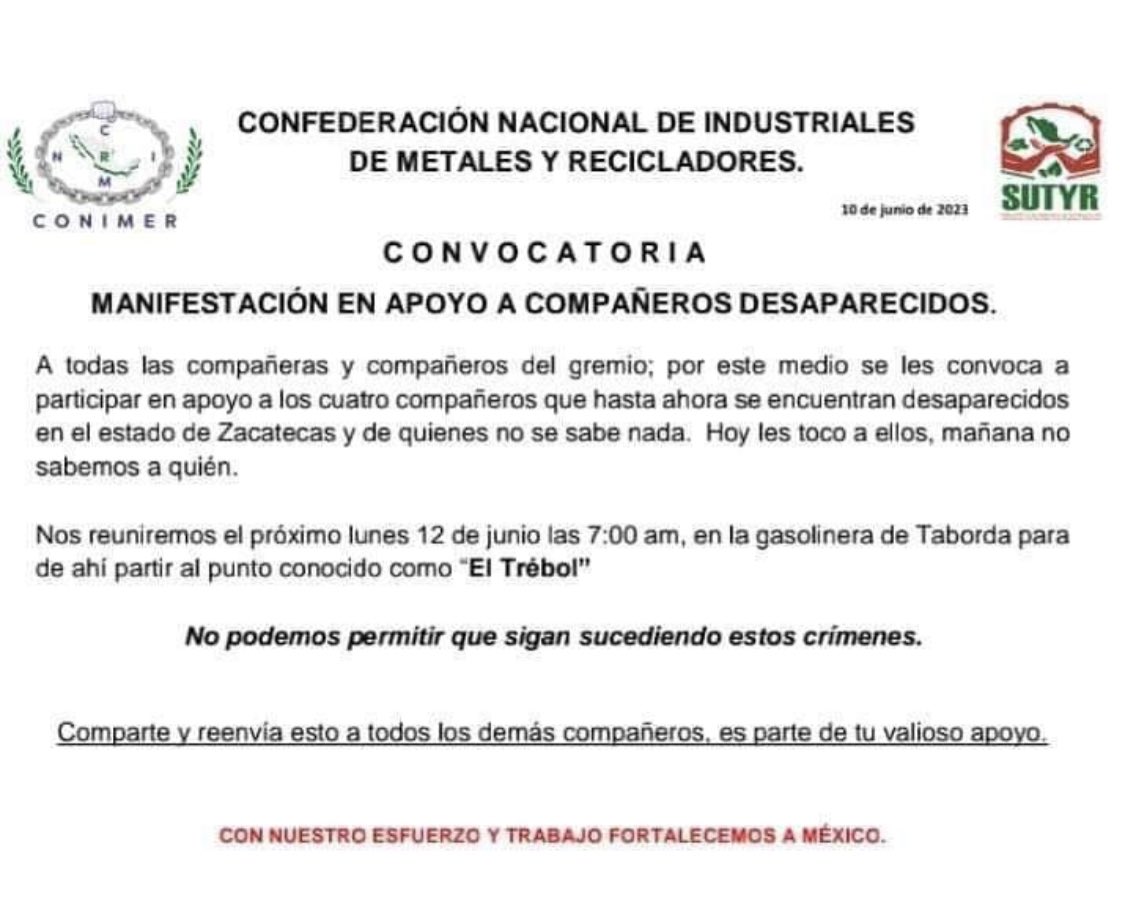 dianamancilla77's tweet photo. Tomen precauciones. Este lunes bloquearán la caseta El Dorado de la la carretera Toluca -Atlacomulco desde temprana hora. La CONFEDERACIÓN NACIONAL DE INDUSTRIALES
DE METALES Y RECICLADORES protestará por la desaparición de 4 de sus compañeros en #Zacatecas @DigitalmexPerio https://t.co/9xQxCp4Xs5