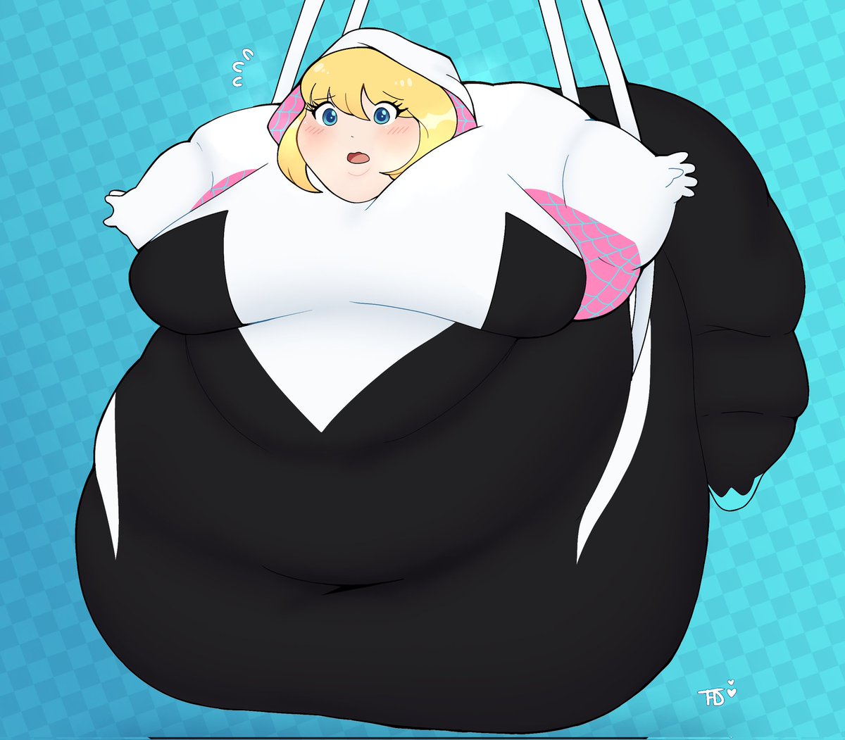 Shinybelly_'s tweet photo. Spider-Gwen! 
Comm by Kyubits! #SpiderManAcrossTheSpiderVerse #spidergwen #ssbbw #ssbbw #bigbelly #belly #fatgirl https://t.co/12kVu45esm