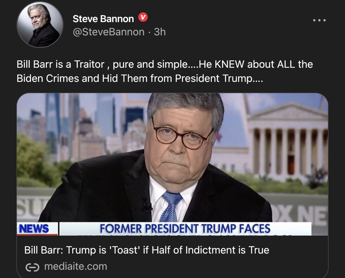 gc22gc's tweet image. Bill Barr is a Traitor , pure and simple….He KNEW about ALL the Biden Crimes and Hid Them from President Trump…. 

mediaite.com/news/trumps-fo…