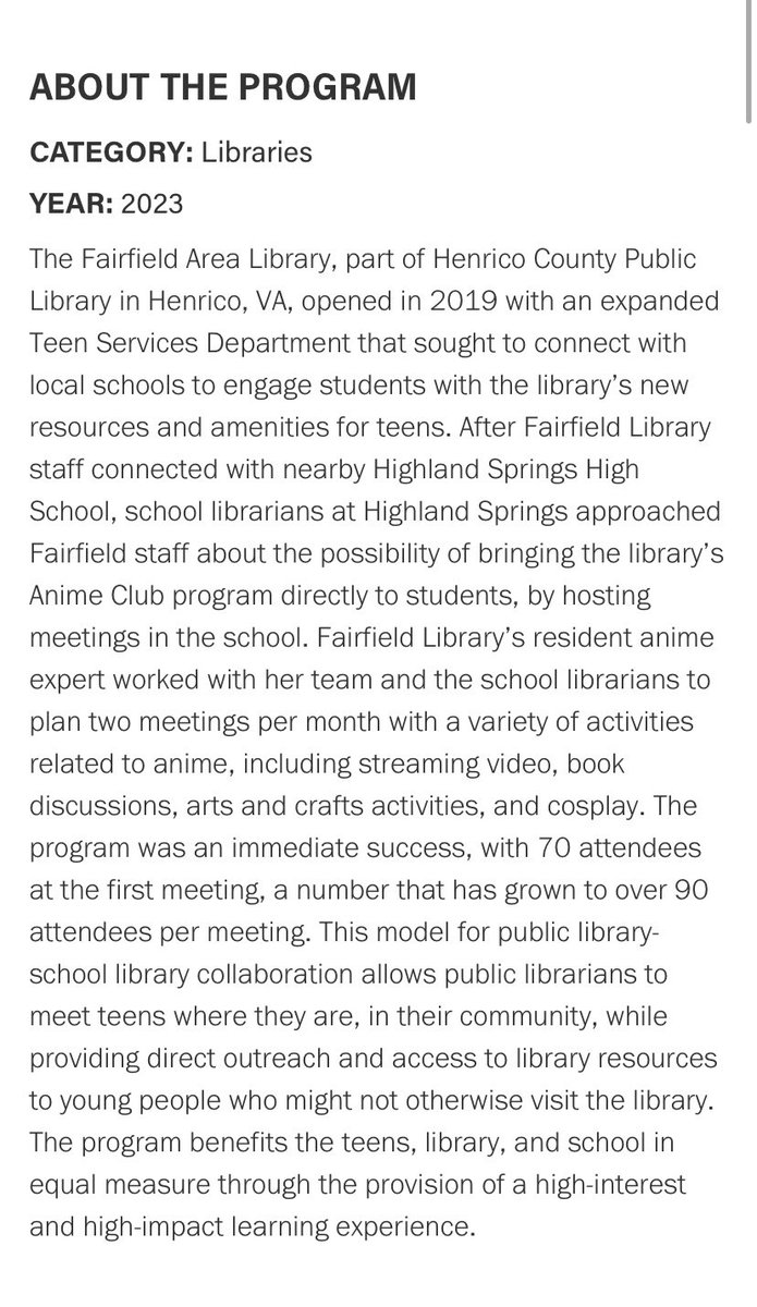HSHS Library (@springerlibrary) on Twitter photo HSHS Anime Club’s collaboration with <a href="/HenricoLibrary/">Henrico Library</a> won a 2023 NACo award! We’re so appreciative of the partnership with Lea, Rachel, and the teen librarians at Fairfield Public Library. We look forward to more Anime Club fun next year! <a href="/hcpslib/">HCPS Libraries</a> <a href="/HSHS_Principal/">Kenneth White Ed.D.</a> <a href="/WeAreHSHS/">We Are HSHS</a> HSHS Anime Club’s collaboration with <a href="/HenricoLibrary/">Henrico Library</a> won a 2023 NACo award! We’re so appreciative of the partnership with Lea, Rachel, and the teen librarians at Fairfield Public Library. We look forward to more Anime Club fun next year! <a href="/hcpslib/">HCPS Libraries</a> <a href="/HSHS_Principal/">Kenneth White Ed.D.</a> <a href="/WeAreHSHS/">We Are HSHS</a>