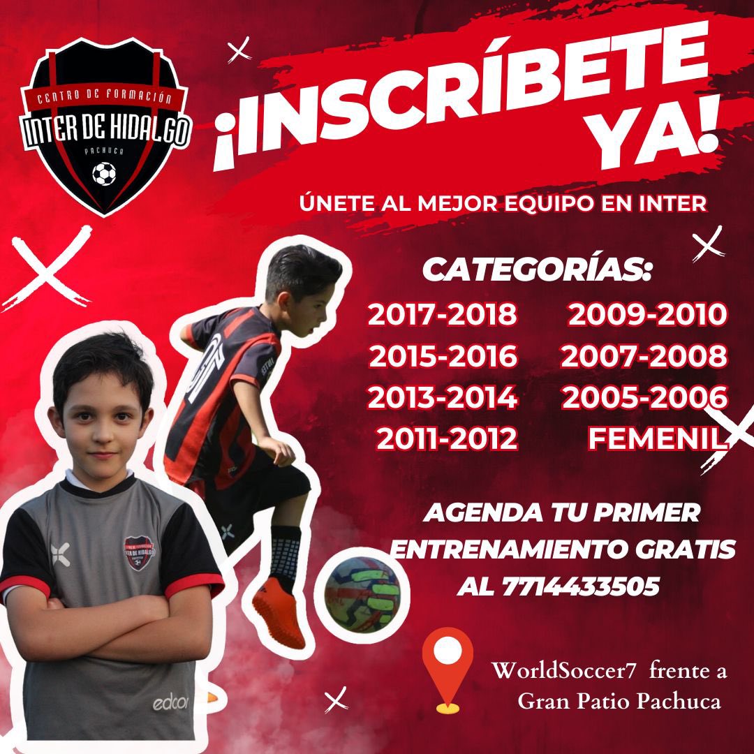 hidalgo_inter's tweet photo. Forma parte de la familia Inter! 📲7714433505 
Proyecto futbolístico en #Pachuca #SomosInter #InterHidalgo https://t.co/FX3GcxQqYd