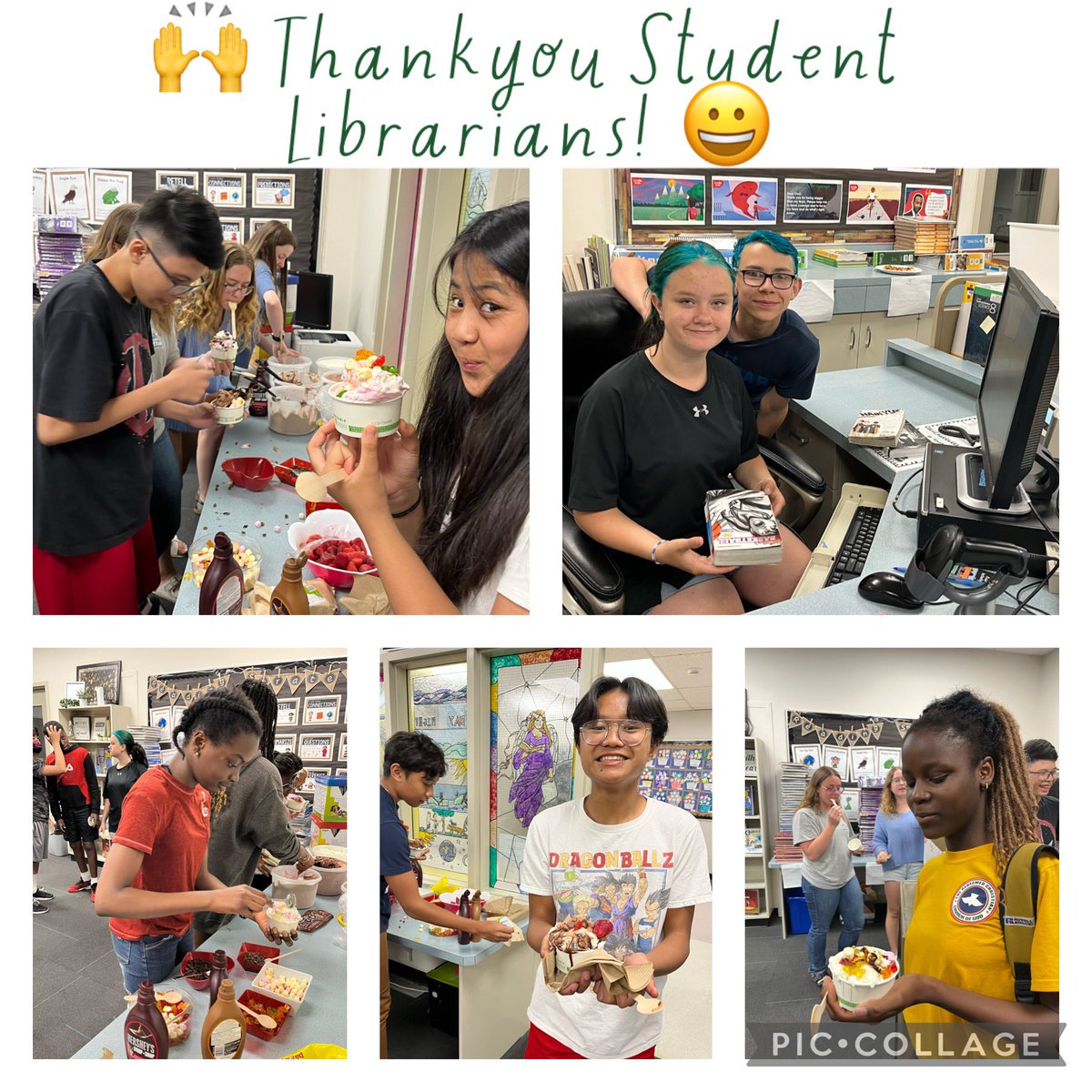 jstewiestewie's tweet photo. 📣😀Hats off to our Timberwolf Student Library Leaders! These students were a key part of ensuring our library was tidy & books were shelved ready for check-out everyday! Here you can see our kiddos enjoying their thank you “Sundaes on Friday” celebration! #HOWLproud https://t.co/hFD18wMTv5