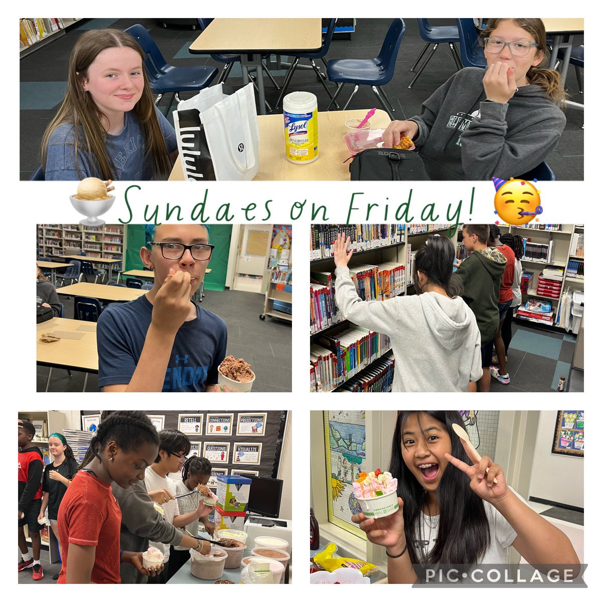 jstewiestewie's tweet photo. 📣😀Hats off to our Timberwolf Student Library Leaders! These students were a key part of ensuring our library was tidy & books were shelved ready for check-out everyday! Here you can see our kiddos enjoying their thank you “Sundaes on Friday” celebration! #HOWLproud https://t.co/hFD18wMTv5