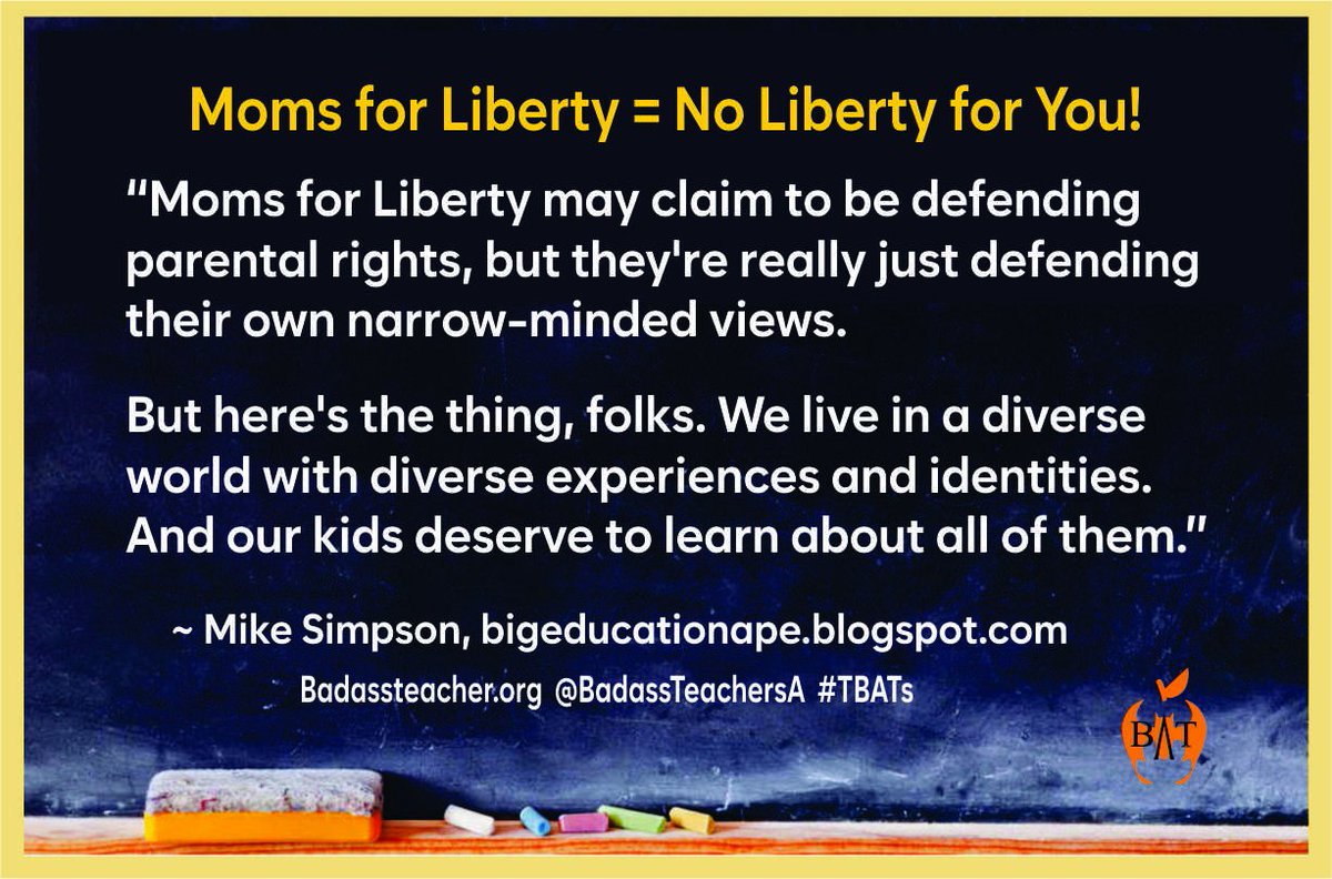 Moms for Liberty aren't for liberty at all. They've been designated a Hate Group by the Southern Poverty Law Center for good reason. #MomsForBigotry #TBATs bigeducationape.blogspot.com/2023/06/news-f… @MIBATS @NEABATCaucus @PennBat @AFTBATcaucus @OhioBATs @BATsDelaware @BATs_DC @VirginiaBATs