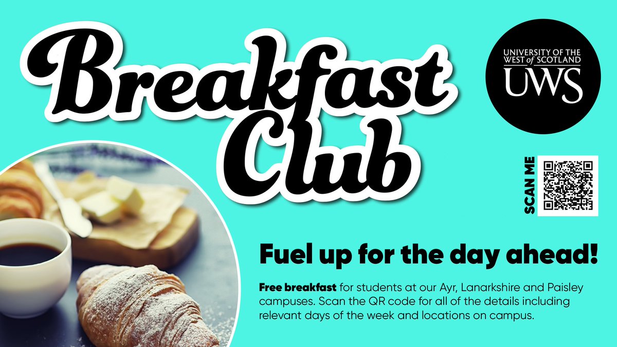 ICYMI: 🥐Breakfast club update 🍏  We're pleased to share we’re still offering students free breakfasts over the summer break, as we recognise many students are still attending or staying on campus during this time ☕️  Find out more here: uws.ac.uk/university-lif…