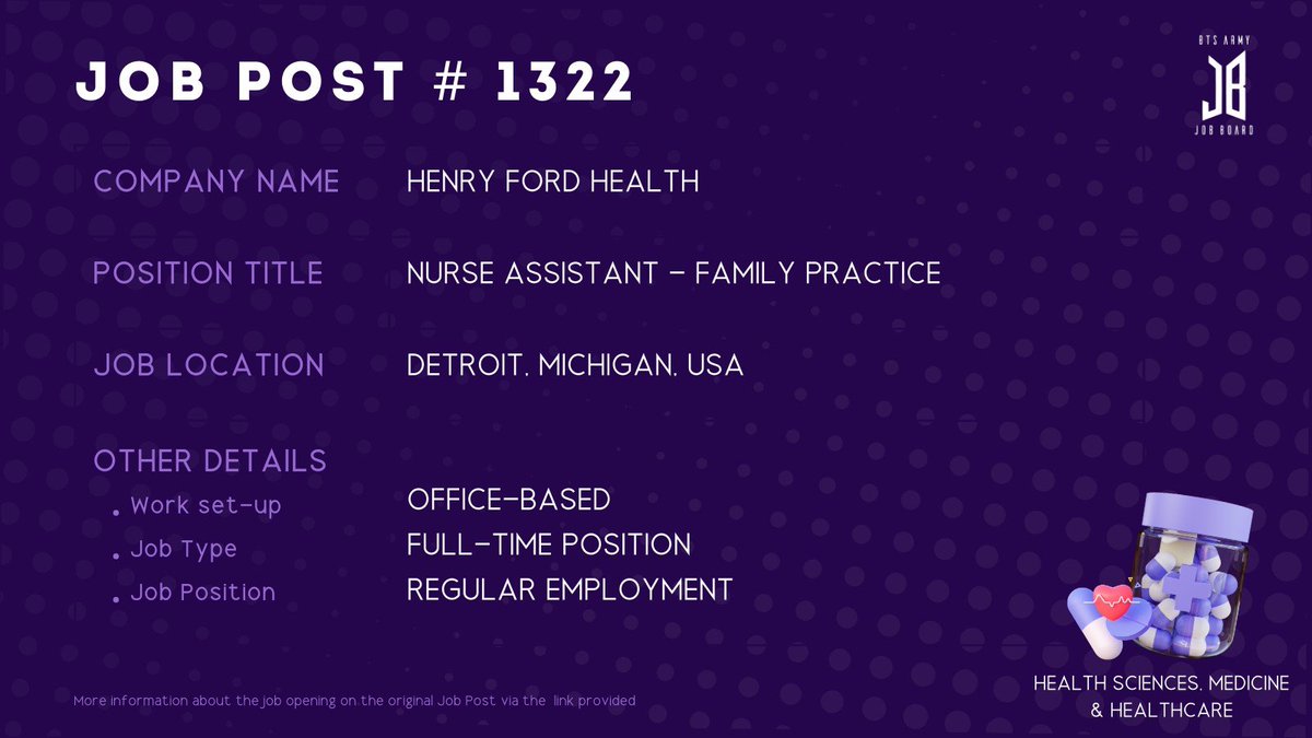 BTSARMYJobBoard's tweet photo. #BAJBUSA
DETROIT, MICHIGAN, USA
https://t.co/8ny2dokh6i
#BAJBHealth
ARMYs, kindly contact the job poster / hiring party directly for more information.
Good luck! ππ€ https://t.co/vRyxivkNJ9