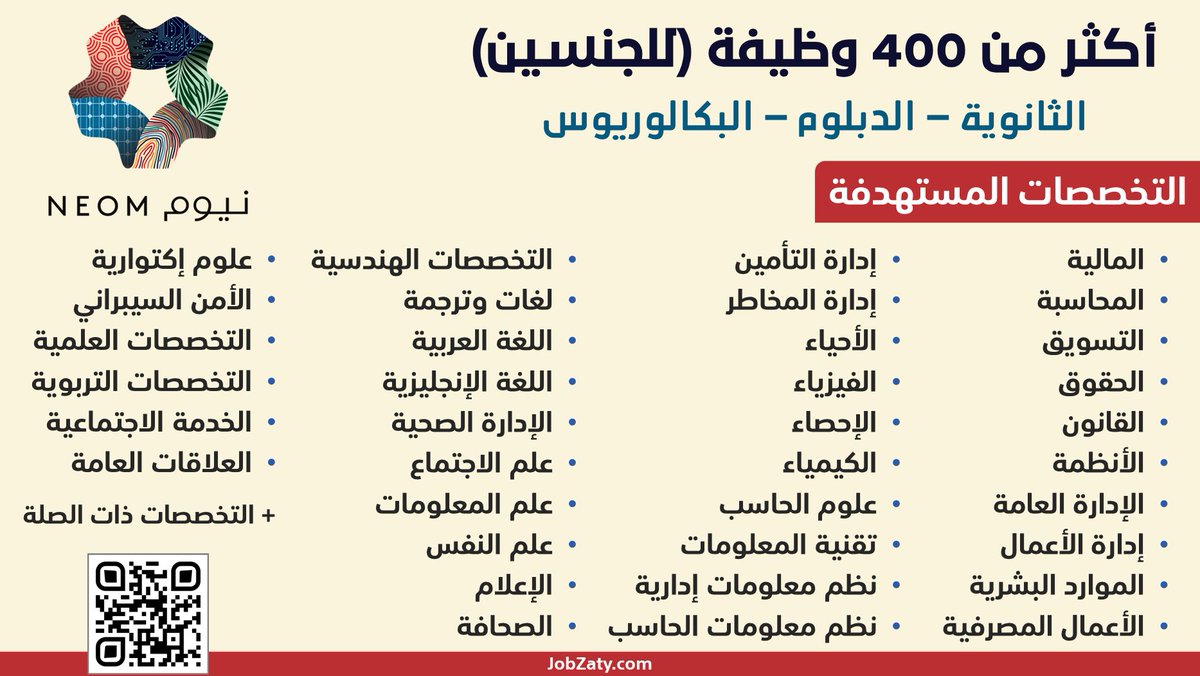 JobZatyCom's tweet photo. (🔴) أكثر من (400) وظيفة في (#نيوم) للجنسين:

▪️ الثانوية، الدبلوم، البكالوريوس.
▪️ جميـع التخصصات مطلوبة.
▪️ تشمل وظائف بدون خبرة.

⭐️ نيوم تُعلن فتح التقديم لشغل (410) وظيفة (للجنسين) في مختلف التخصصات (مع رواتب وبدلات ومزايا تنافسية).

تفاصيل (https://t.co/HGz16dEFM1)
-- https://t.co/TB1hCwemKv