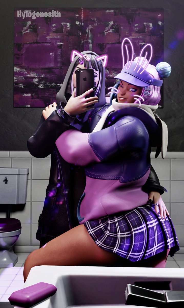Hylogenesith's tweet photo. Cute selfie by Halley and Leelah! 💜🖤

Leelah and Halley by @x_RedEyes 

I’ve been busy with exams &amp; being sick ❤️‍🩹 I made new art to share with you all! 

Happy Pride Month! 💜

#Fortnite #FortniteArt https://t.co/OFXcexdSh5