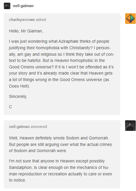 Neil was asked whether is GO Heaven homophobic. #GoodOmens