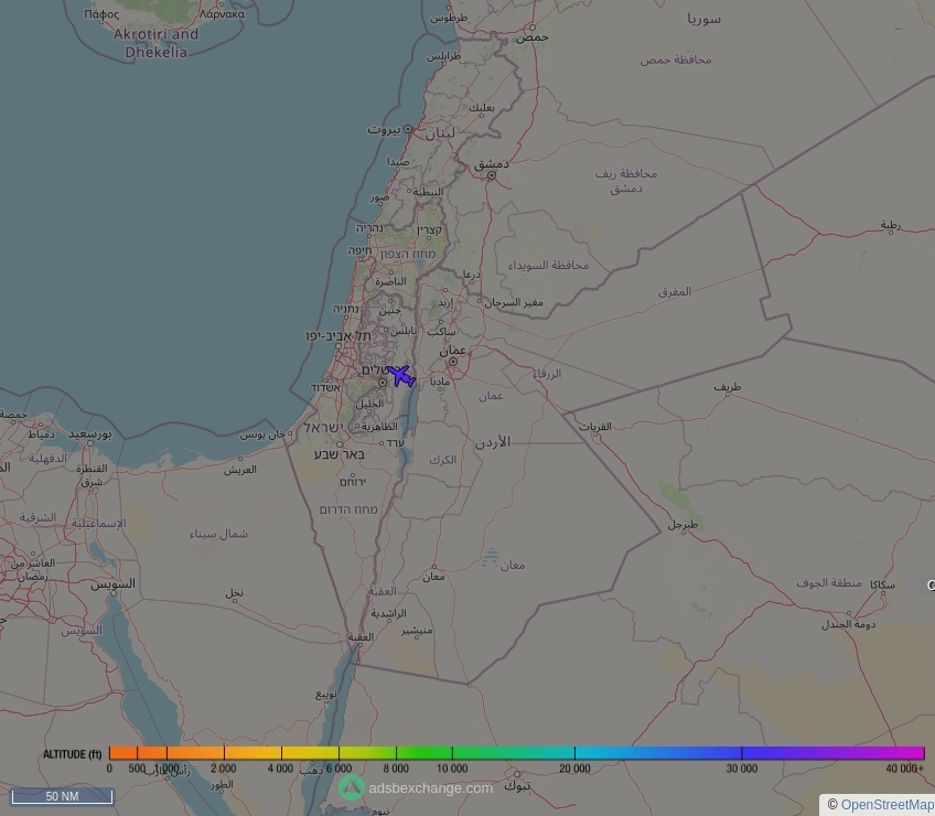 🇮🇱 Israeli Air Force ✈️ GLF5 ( Gulfstream Aerospace GV ) (676, #738A49) was just spotted over 🇵🇸 West Bank, #Palestine at ☁️ 30800 ft.

🔴 Live tracking:
global.adsbexchange.com/?icao=738A49

🖼️ by doppio.sh