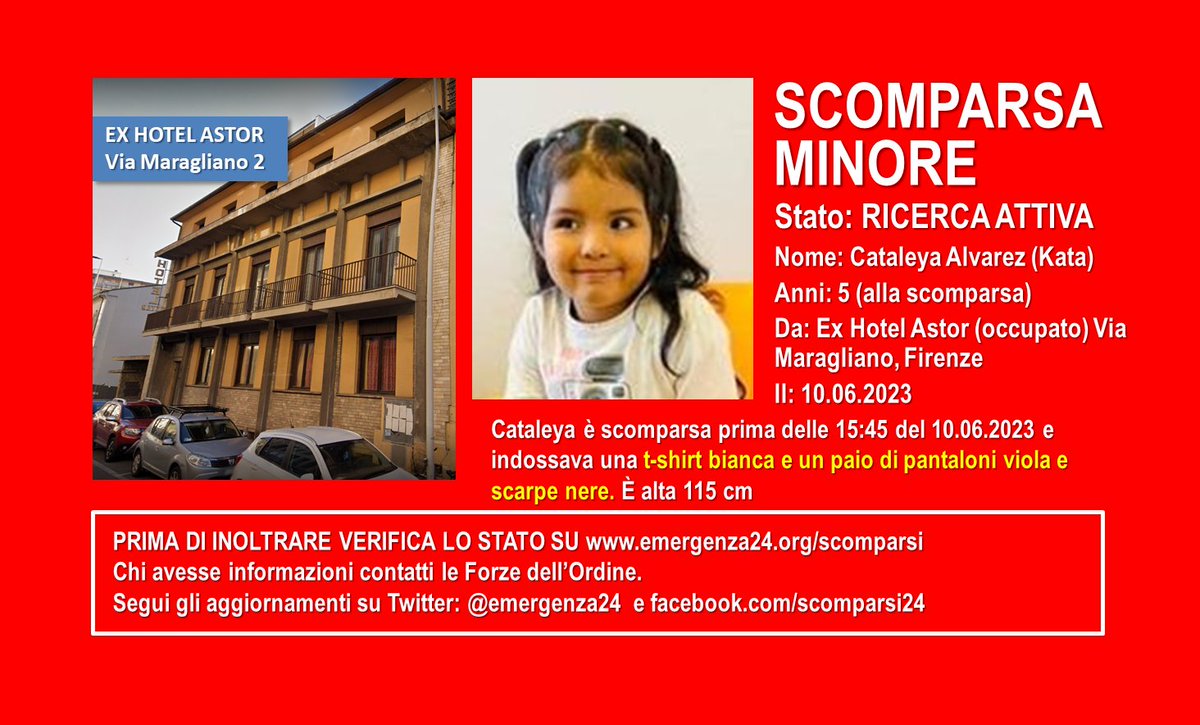 AGGIORNAMENTO DELLE  19:30

[11.06-19:30] CONTINUANO RICERCHE  
+++ MINORE #SCOMPARSA (5 anni) +++

Vista l’ultima volta nell’ex hotel #Astor (in cui viveva da settembre 2022) in Via Maragliano #Firenze nel pomeriggio del 10.06.2023.
Indossava una t-shirt bianca e un paio di