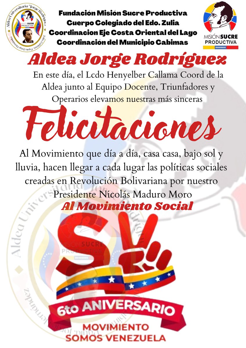 fmsp_jrodriguez's tweet image. Hoy desde nuestra Aldea, Felicitamos al Movimiento @MSVEnLinea  por subardua labor en estos 6 años. @NicolasMaduro @sandraoblitasr  @RedMisionSucre @mppeduniv @MervinMaldonad0  @jhoagaby
