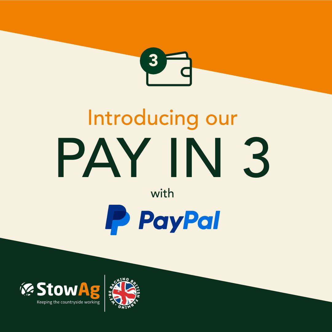 Buy now, pay later!

You can buy now and pay later with our NEW Paypal Pay in 3 offering on orders between £30 - £2000. 

Split your purchase into 3 interest-free payments, and stay in control of your budget. 

#StowAg #agriculture #supplies