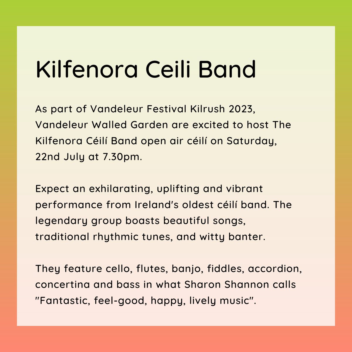 As part of #VandeleurFestivalKilrush2023, #VandeleurWalledGarden are excited to host The Kilfenora Céilí Band open air céilí on Saturday, 22nd July at 7.30pm. Book online: vandeleurwalledgarden.ie/vandeleur-fest…

#Clare #Kilrush #VisitClare #KilfenoraCéilíBand <a href="/ClareTourism/">VisitClare</a> @kilfenoraceili