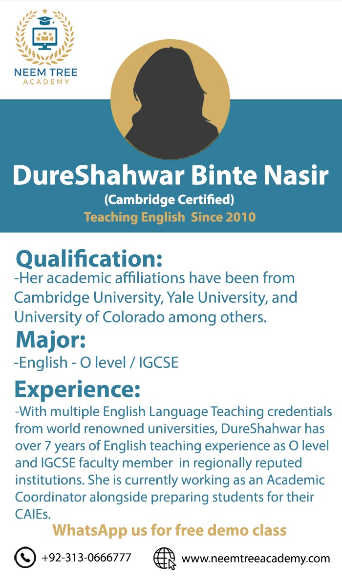 neemtreeacademy's tweet image. #EnglishTeacher #EnglishLanguageTeaching #OLevelEnglish #IGCSEEnglish #ExperiencedFaculty #AcademicCoordinator #CAIEPreparation #EnglishEducation #LanguageSkills #LanguageLearning #CambridgeUniversity #YaleUniversity #UniversityOfColorado #TeachingCredentials
