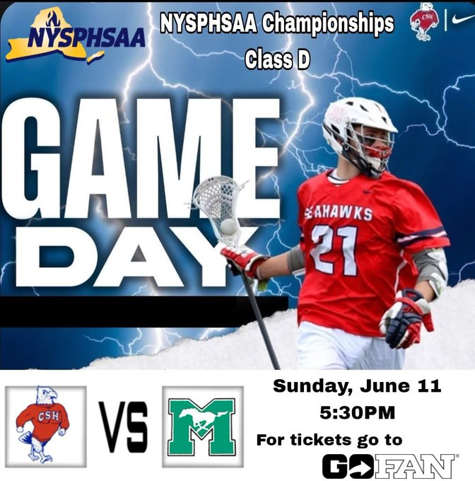 FHSAAOficial's tweet photo. @CSHathletics 🏆NYSPHSAA Boys Lacrosse Championships - Class D" tournament

🥍 Marcellus 🆚 Cold Spring Harbor
📆 Sunday, June 11, 2023
⏰ 5:30 PM
🎥 Live Stream on: https://t.co/iaSvbK1aDu
Let's Go Seahawks!!! https://t.co/kJHZYItPlm