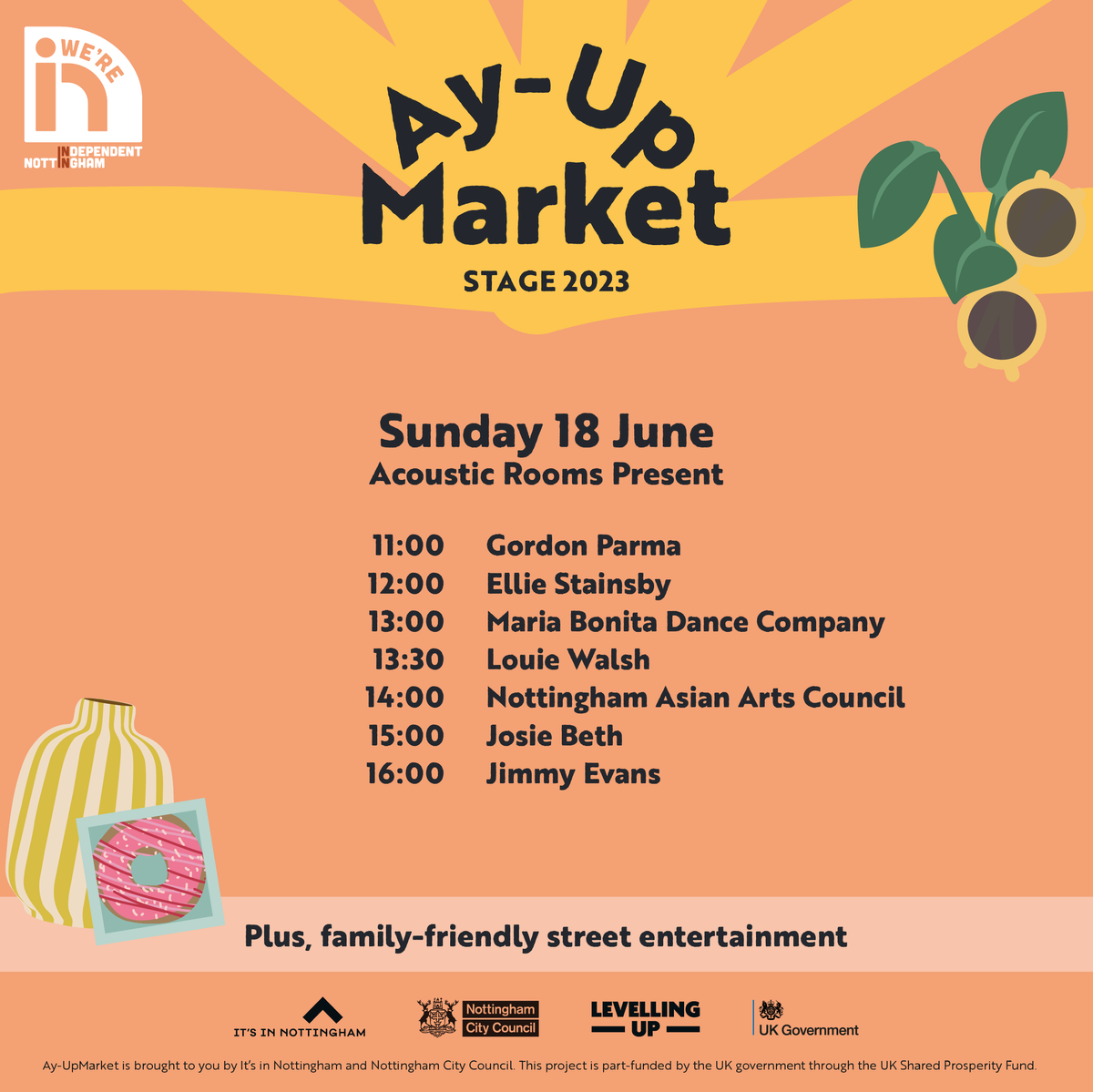 ANNOUNCEMENT 📣

We are super excited to announce the line-up of acts that will be performing live on the Ay-UpMarket Stage in Old Market Square from Friday 16 to Sunday 18 June 2023! 🎤🎷🎸🎹

See you there!
#ukspf