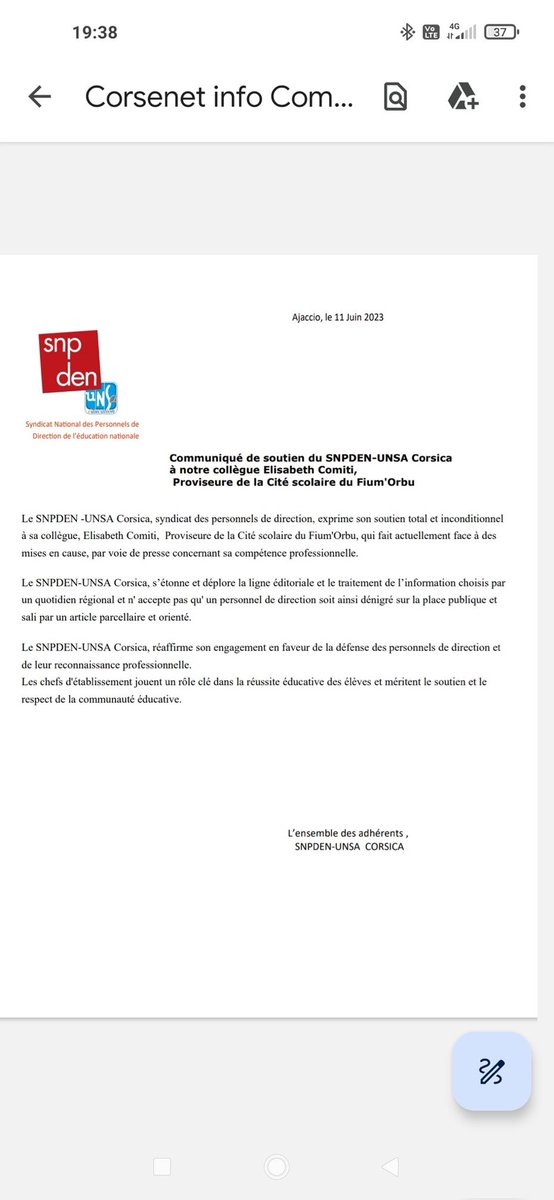 Soutien total à notre collègue proviseure de la cité scolaire du Fium'orbu.