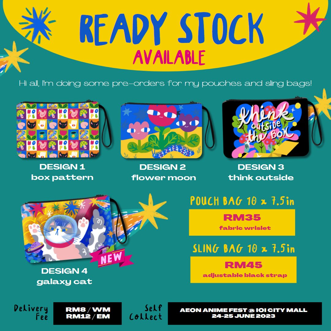 I currently have these pouch bags / sling bag ready-stock available for next 1-2 days delivery!
🎉Pouch Bag - RM35
🌟Sling Bag - RM45 

DM to order!

Self-collect available at nearest event date :)

#ForSale #pouchbag #slingbag #cutedesign