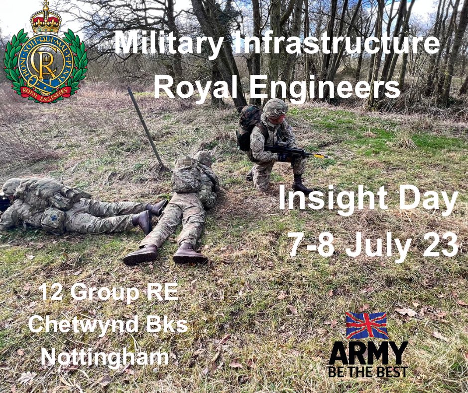 Our next Insight day event is 7 - 8 July 23 at Chetwynd Barrack Nottingham Come and see what roles we can offer you as a Specialist Reserve Royal Engineer and what you can offer us! Pm for more info or follow links in events page.