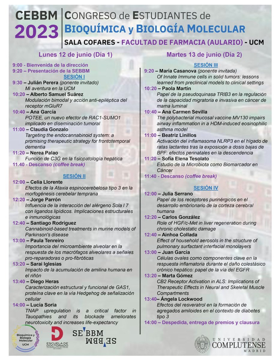 BBM_UCM's tweet image. ¡Comienza el mini congreso de estudiantes del Departamento! mañana día 12 y el 13 de junio en la
Sala Cofares de la Facultad de Farmacia. No te lo pierdas.
#seminarioscientificos
#seminariosinvestigacion
#seminariosBBM_UCM
#BBM_UCM
@ffarmaciaUCM