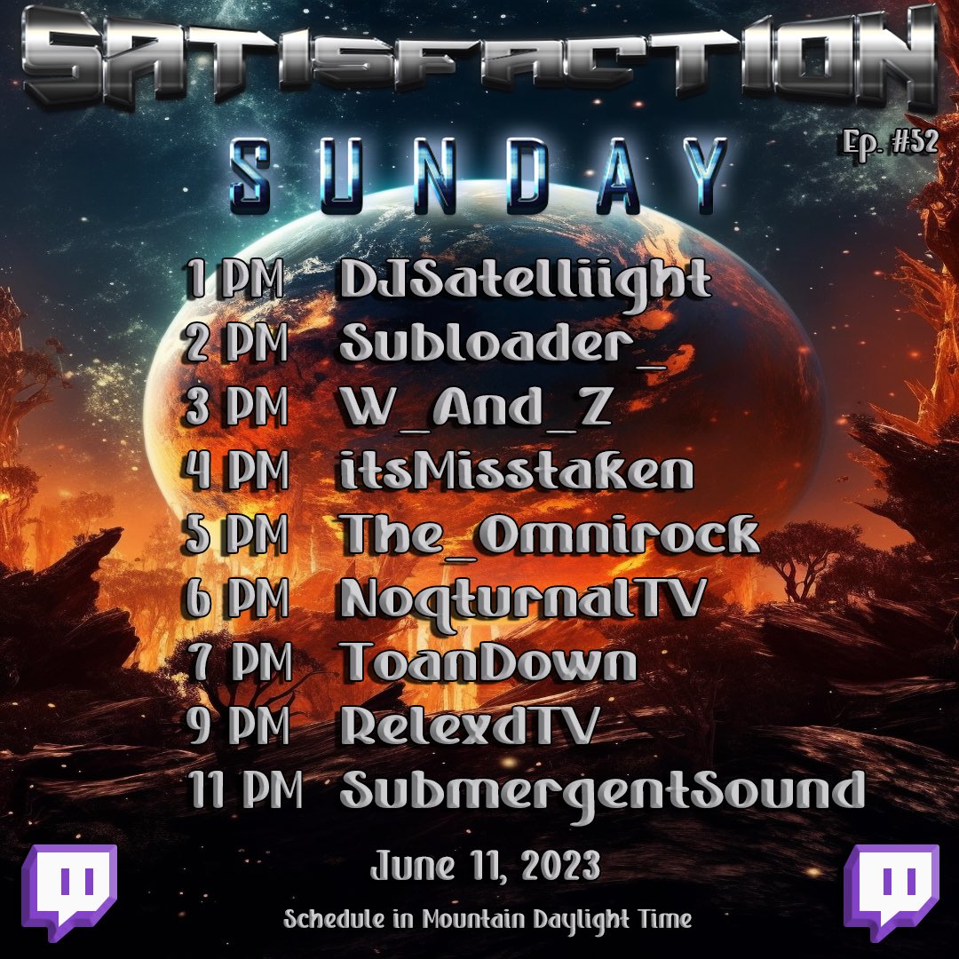 itsMisstaken's tweet photo. Today is Sunday and itβs time to get satisfied. Come through for a day packed with tunes π½β¨ All set times in Mountain time so for my east coast famβ¦ add 2 hours!
#twitch #raidtrain #edm #dj #satisfactionsunday #openformat #bassmusic #drumandbass https://t.co/fVPgrCEz6y