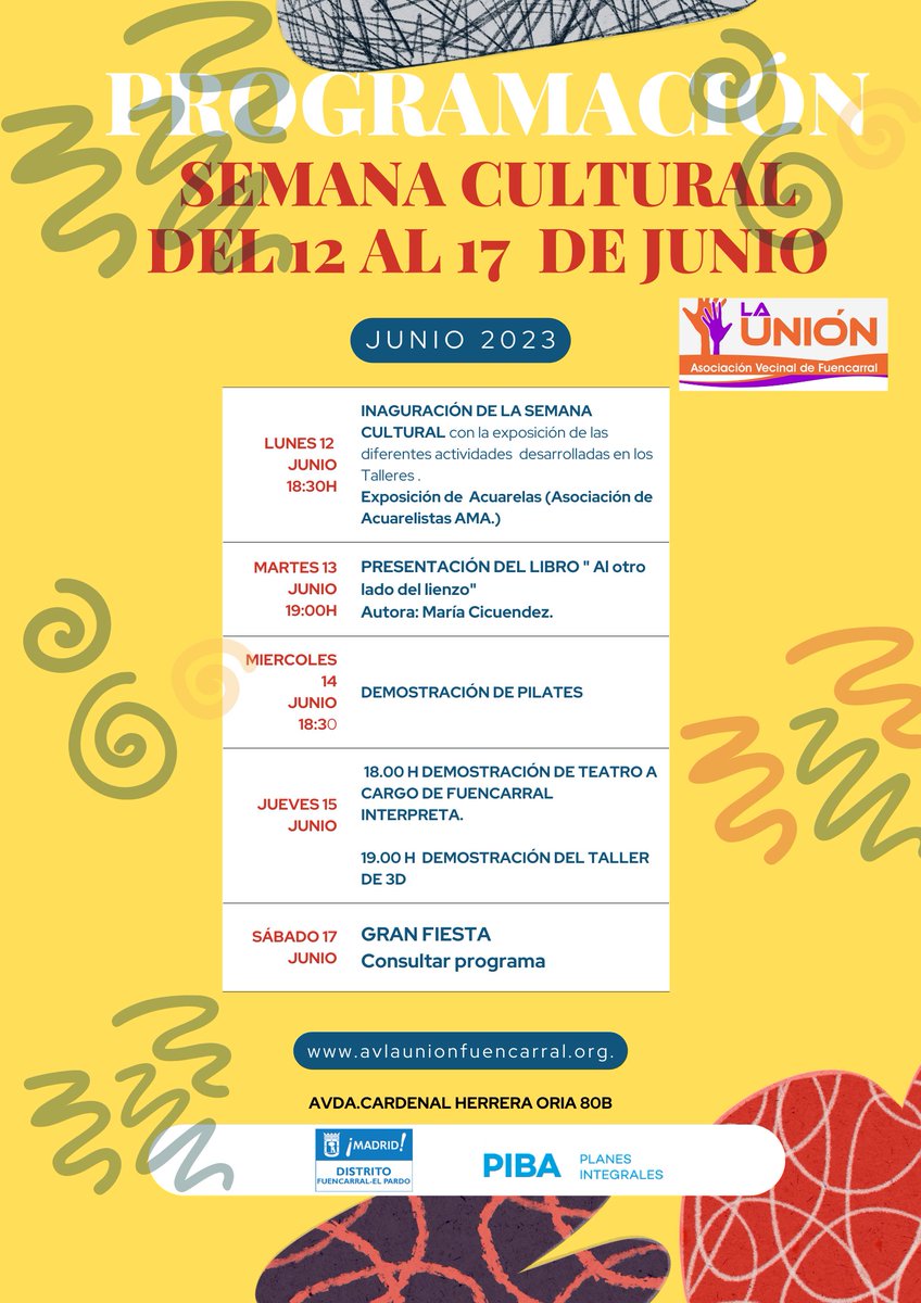 RomaCrocma's tweet photo. Con motivo de la #semanacultural la Av.Ka Unión de Fuencarral tiene preparada una serie de actividades finalizando el 17 de Junio con una gran fiesta.
Consulta su página web https://t.co/TnIXk9HZgn
#educacionsocial #desarrollocomunitario #barrio https://t.co/bYqZuctku8