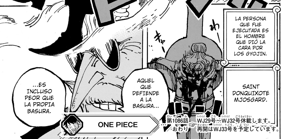 #ONEPIECE1086

Y yo aquí preguntándome si Mjosgard recibiría algún castigo... 🤣 

Un minuto de silencio en su memoria. Pobre hombre, me caía bien.