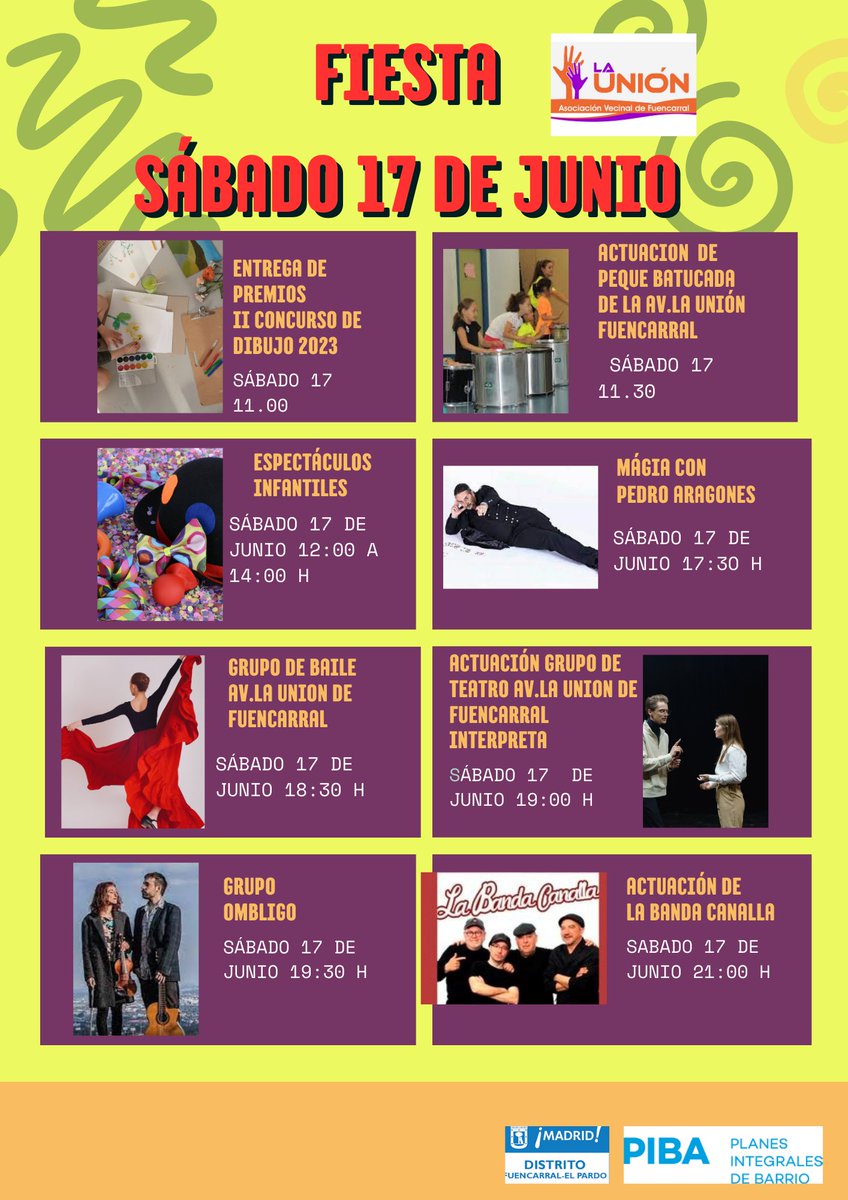 RomaCrocma's tweet photo. Con motivo de la #semanacultural la Av.Ka Unión de Fuencarral tiene preparada una serie de actividades finalizando el 17 de Junio con una gran fiesta.
Consulta su página web https://t.co/TnIXk9HZgn
#educacionsocial #desarrollocomunitario #barrio https://t.co/bYqZuctku8