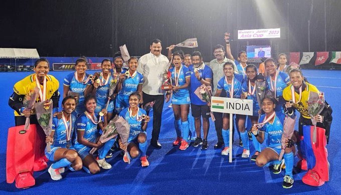 What a historic moment for #India. Huge congratulations to the #Women's Hockey team for winning the women’s Junior Asia Cup for the very first time.
The Nation is proud of you all. Keep shining bright… #HockeyAsiaCup  #Hockey #JuniorAsiacup